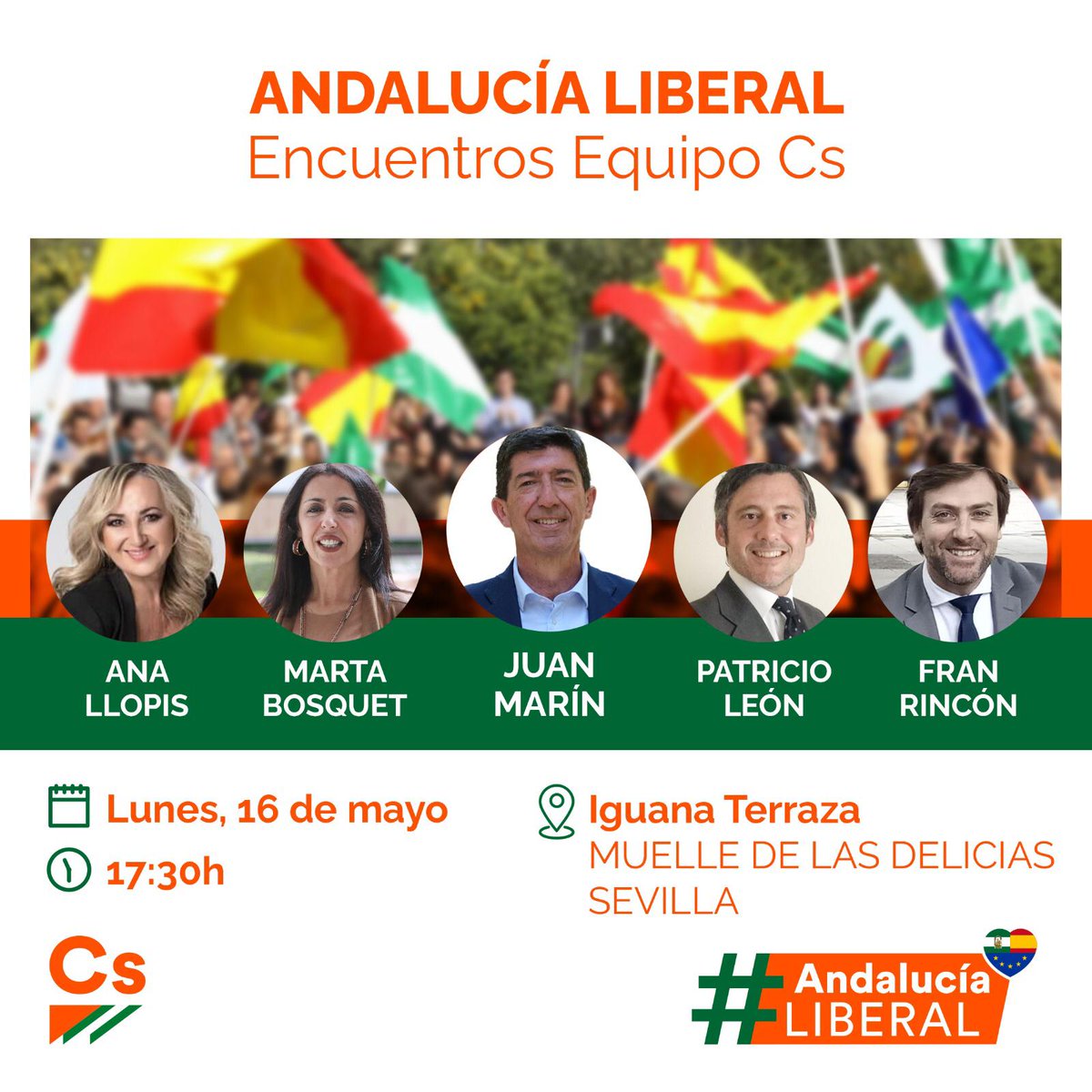 CSSevilla_Prov's tweet photo. Mañana os esperamos en el @iguanaterraza, junto al Muelle de las Delicias de #Sevilla para compartir un rato de encuentro  con el equipo Cs.
📆 16 de mayo 
🕣 17.30 horas 
📌 Iguana Terraza
🍊 #EquipoCs #AndaluciaLiberal 
#19JAndalucia
🏃‍♀️🏃‍♂️ ¡No os lo perdáis! https://t.co/SejFTsqKqo