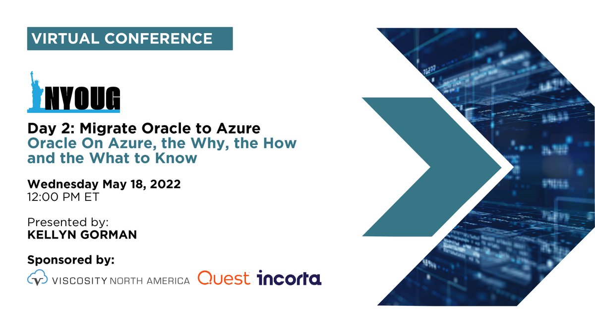 ViscosityNA's tweet photo. In the “Oracle on Azure, the Why, the How, and the What to Know” session, @DBAKevlar will cover compute and storage options for success and more!
May 18, 2022 | 12 PM EST
Meet you there: https://t.co/RRu8bnCaeO
#oracledb #oracledba #NYOUG #ACED #Incorta #Quest https://t.co/UfLVjcOrbq