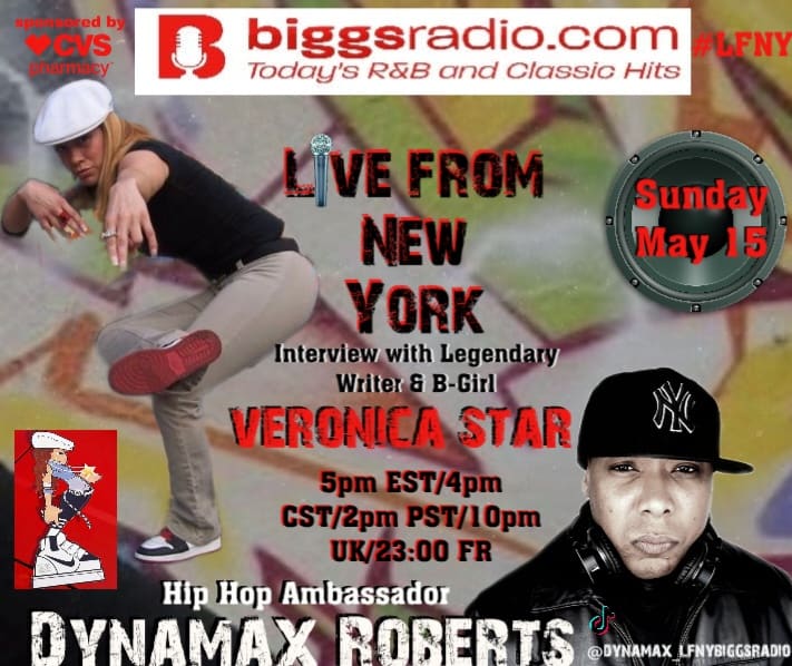 DynamaxRoberts's tweet photo. Today dope female legend in hip hop culture Veronica Star with Dj MC Dynamax Roberts https://t.co/HRh1DSOTpc live from ny show 5pm est 4 cst 2 pst 10pm u.k. 2300 france https://t.co/w0J3SIaUC4