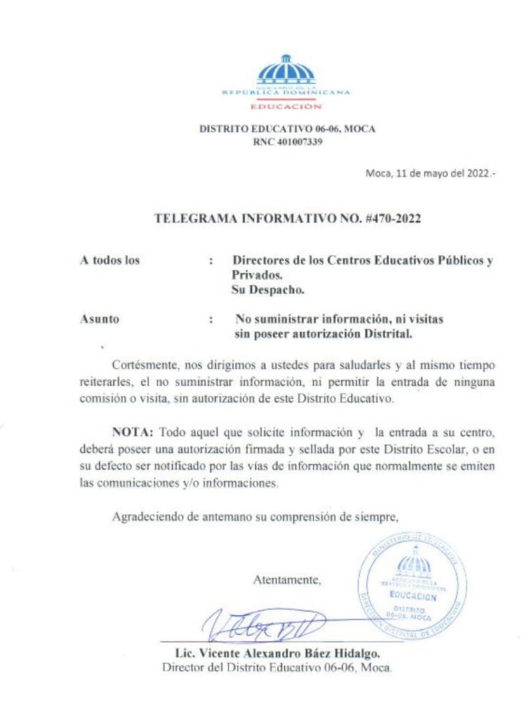 CARLOS25DL's tweet photo. Pensé que la dictadura había concluido con el ajusticimiento de Trujilllo. Distrito Educativo 06-06 de Moca, ordena a los directores de centros educativos no suministrar información, sin la autorización del distrito educativo. Volvio Trujillo https://t.co/4Z3PgeU8DO