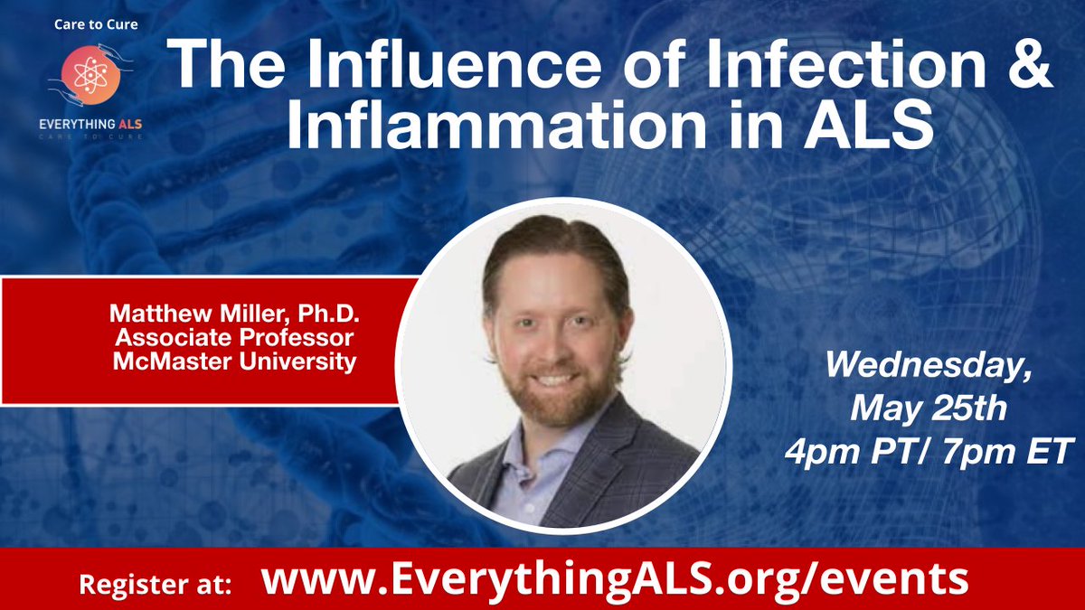 everything_als's tweet photo. Join us for our next ALS Talk Series on May 25th @ 4pm PT!
@everything_als is honored to announce our next guest speaker, Matthew Miller, Ph.D., from @McMasterU!
Register: https://t.co/4IgULTWELt
Questions: info@everythingals.org
Hope 2 see U there!
#alstalk
#everythingals https://t.co/pjGmRP8ZQk
