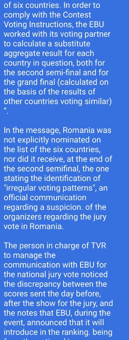 andreea_mihaela's tweet photo. #Eurovision  fraud

Fake points offered by EBU!

#Romania jury vote was cancelled + presenter was not allowed to enter the official broadcast. 

Votes from Poland, Georgia, Azerbaijan, Montenegro &amp; San Marino were cancelled too.

Official 🇷🇴 state TV press release translation👇 https://t.co/j6Bfyqa99m