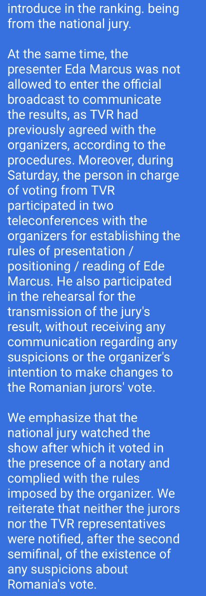 andreea_mihaela's tweet photo. #Eurovision  fraud

Fake points offered by EBU!

#Romania jury vote was cancelled + presenter was not allowed to enter the official broadcast. 

Votes from Poland, Georgia, Azerbaijan, Montenegro &amp; San Marino were cancelled too.

Official 🇷🇴 state TV press release translation👇 https://t.co/j6Bfyqa99m