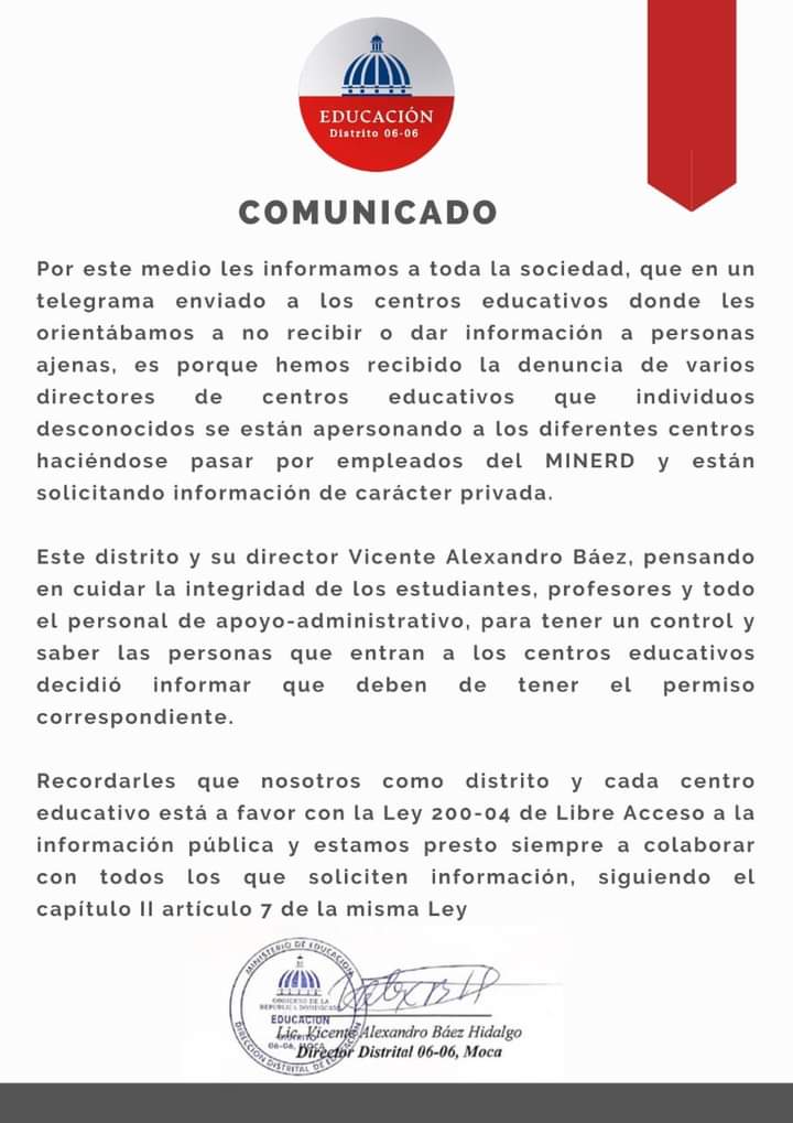 CARLOS25DL's tweet photo. Distrito Educativo 06-06 de Moca justifica su actitud dictatorial de no suministrar información de los centros educativos, porque hay gente desconocida que pasa a buscar información. Ja,Ja,Ja. Inventense otra cosa. Lean la constitución. https://t.co/XC8sMYEHFG