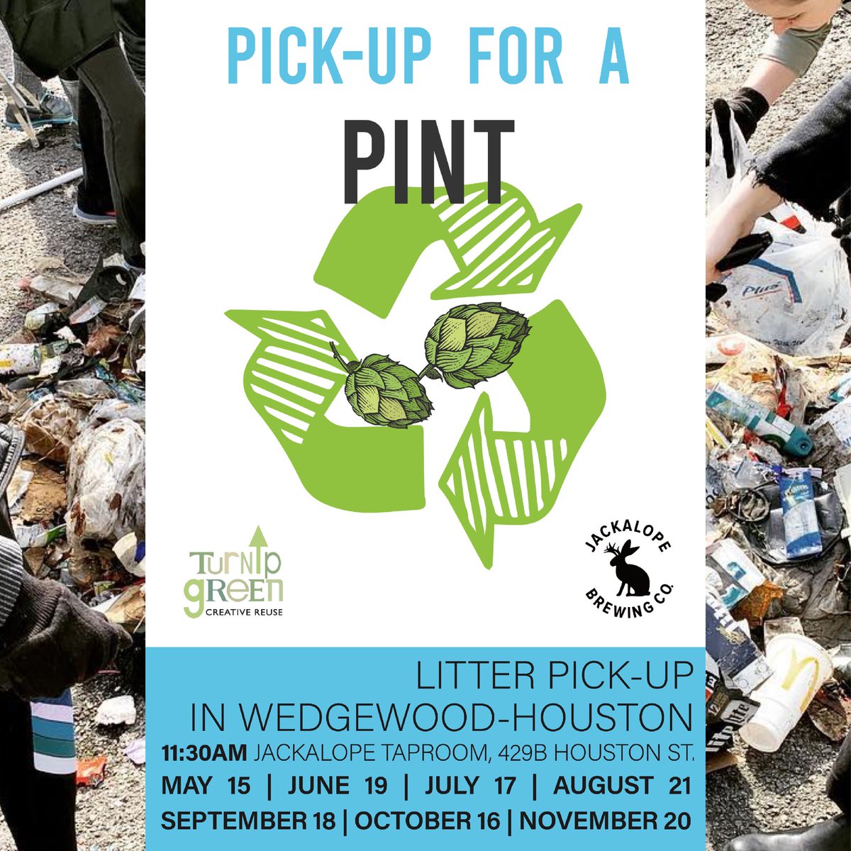 BarJackalope's tweet photo. Join us ♻️ TODAY ♻️ Sunday, May 15th at The Ranch taproom from 11:30am-12:30pm for Pick-up For A Pint - a litter pick-up around the Wedgewood-Houston neighborhood with @JackalopeBrew and @TurnipGrnReuse! Volunteers get a free pint (#volunbeering)🍻

#PickUpForAPint https://t.co/FVvBfPhR5P