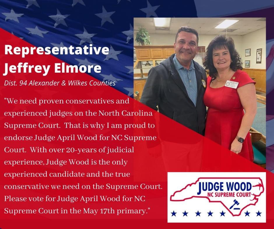 JudgeAprilWood's tweet photo. Representative Elmore, thank you for your endorsement. I agree that we need proven conservatives and experienced judges on the NC Supreme Court! #ncpol #experiencematters #NCSupremeCourt #RepublicanPrimary https://t.co/FPhgtx8BRv