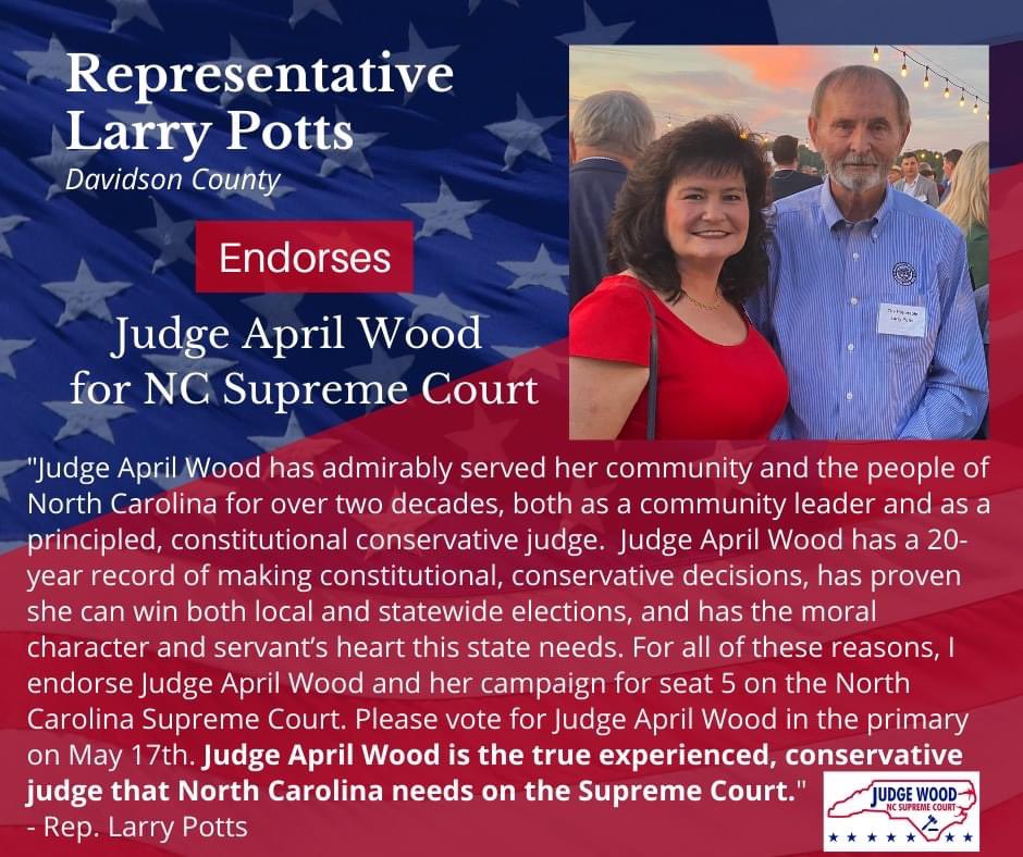 JudgeAprilWood's tweet photo. Thank you Representative Potts for your continued support! #ncpol #experiencematters #NCSupremeCourt #RepublicanPrimary https://t.co/zAku8IRTKu