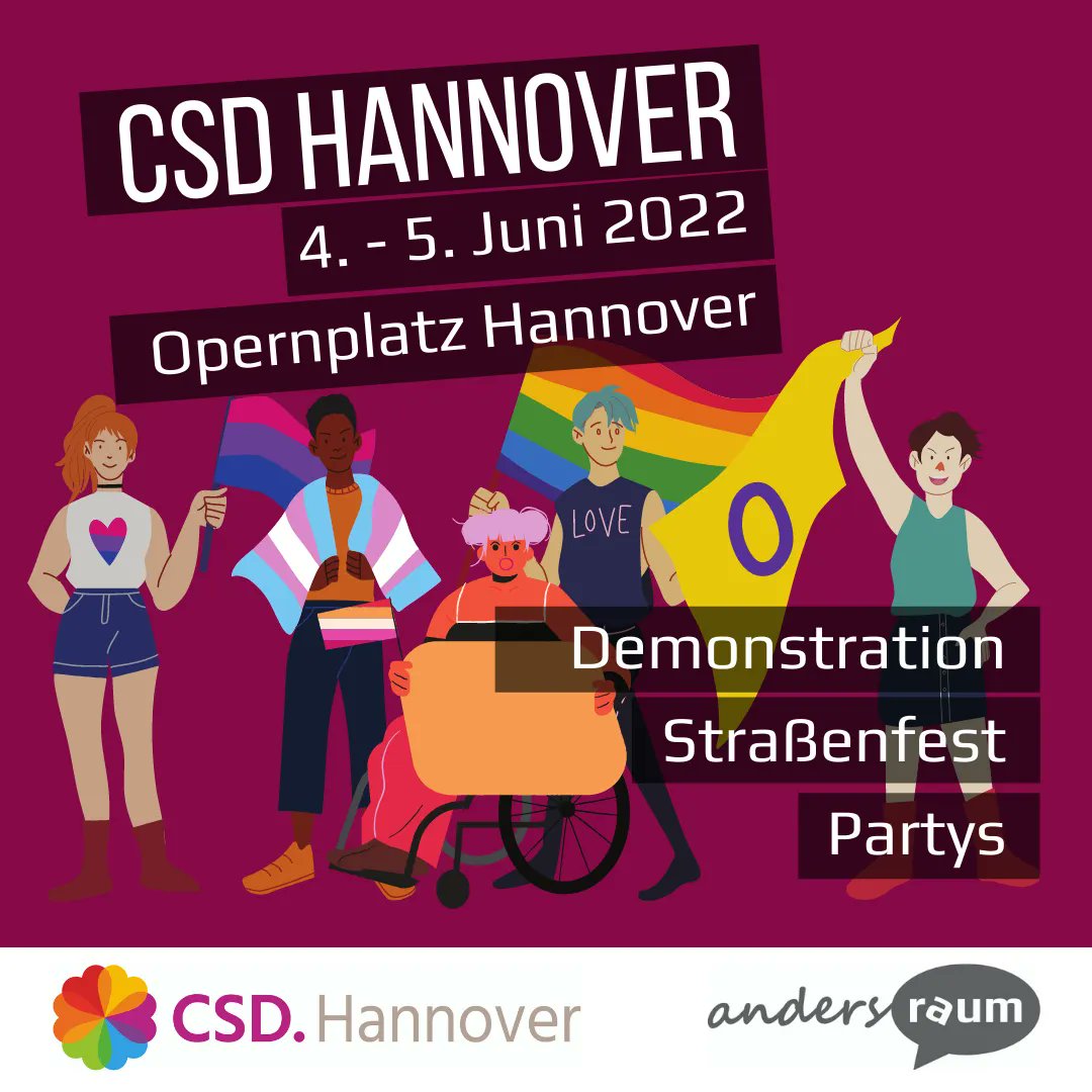 Bald ist #CSDHannover 🥳 Samstags erwarten euch Demo &amp; Auftaktkundgebung, Musik &amp; Redebeiträge auf der Hauptbühne, ein Dancefloor, viele Stände mit Essen/Getränken. Sonntags gibt es 2 Musikbühnen &amp; Gastronomie. Stände von Organisationen &amp; eine Parteibühne. #csd2022 #csdhannover22