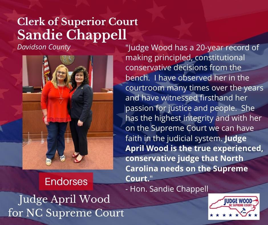 JudgeAprilWood's tweet photo. Thank you Clerk Sandie Chappell for your endorsement! Vote Judge April Wood for NC Supreme Court on May 17th! #ncpol #experiencematters #NCSupremeCourt #RepublicanPrimary https://t.co/zuZVFnEl7R