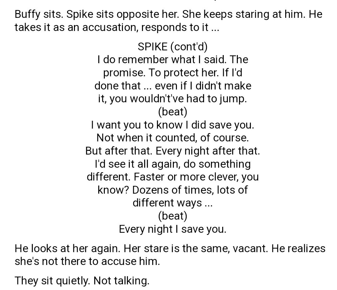 bronzespuffy's tweet photo. One of the things I love about this is Spike's speech starts because he thinks Buffy's there to blame him for not saving her. He's wracked with guilt. But Buffy came to him because he's the only one who didn't expect anything from her, let her have the peaceful quiet of Heaven. https://t.co/CvpchxgdP8