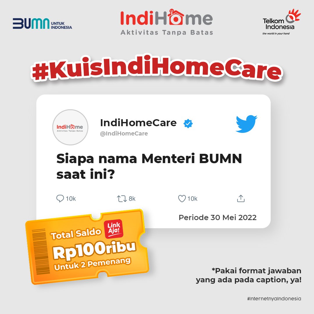 IndiHomeCare's tweet photo. Ayo, tebak pertanyaan di bawah ini! 
Cluenya yaitu Bapak ganteng yang hari ini sedang berulang tahun. Dapatkan hadiah saldo LinkAja Rp100.000 untuk 2 Sobat beruntung!

Cantumkan tagar #KuisIndiHomeCare saat menjawab dan jangan lupa follow @IndiHomeCare ya!🤗 https://t.co/FSRB5fSjKP