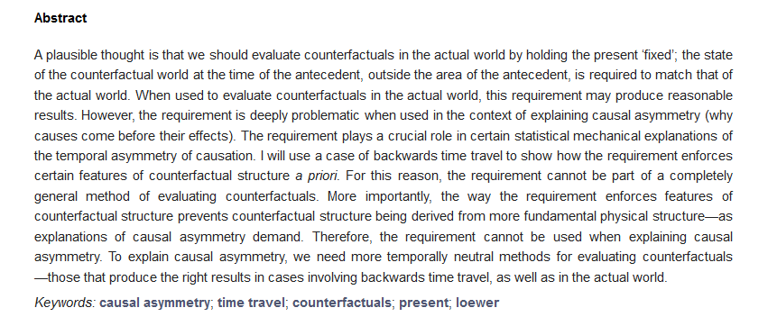 Phil_MDPI's tweet image. 🌻Call for reading: 
"Back to the Present: How Not to Use Counterfactuals to Explain Causal Asymmetry ", written by Alison Fernandes,  associated with @tcddublin.
Find the paper here: mdpi.com/2409-9287/7/2/…
#timetravel #Counterfactuals