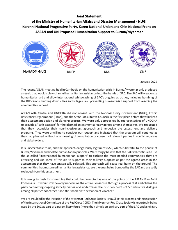 Kim_Jolliffe's tweet photo. "We were only approached by representatives of @UNOCHA  to provide a "safe passage" for the planned assessment already agreed among themselves."

KNU, KNPP, CNF and NUG on the shameful efforts by ASEAN and the UN to legitimise the junta with aid.  

#WhatsHappeningInMyanmar https://t.co/gnFHc49Zkq