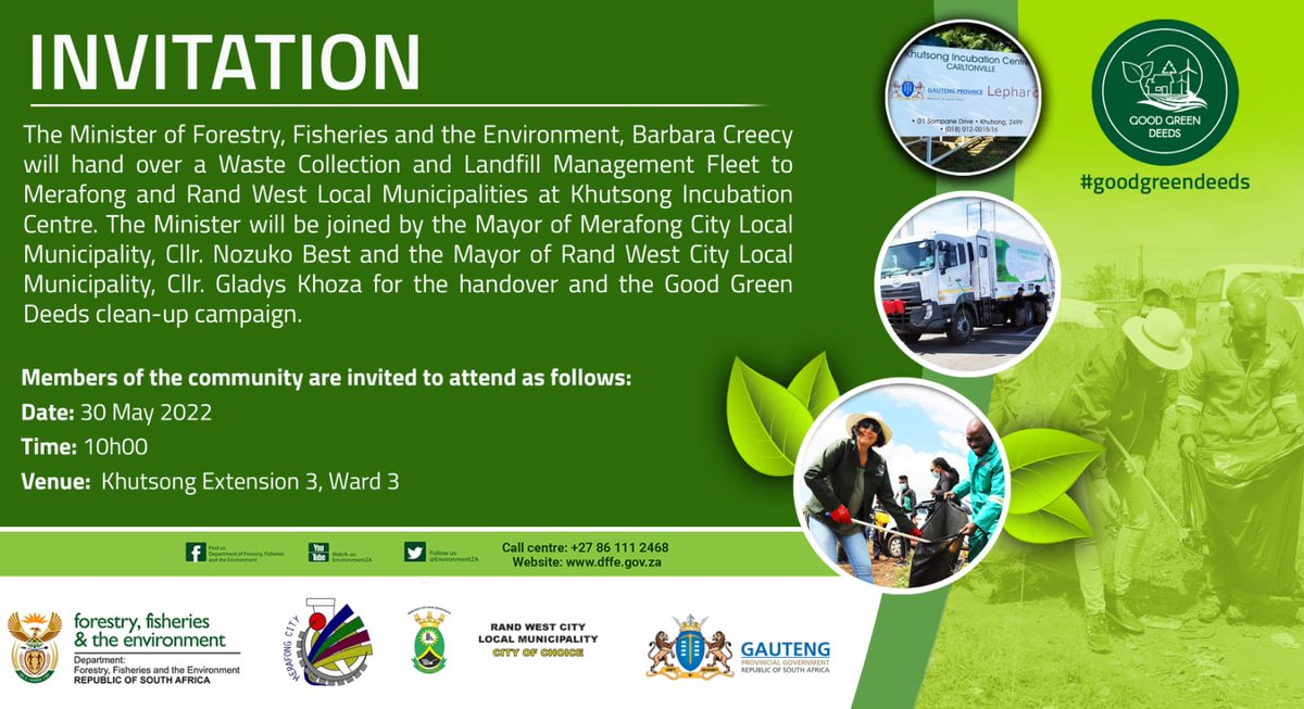 TODAY, Minister Creecy will handover a waste collection and landfill management fleet in Merafong. Members of the public are invited to attend as follows 👇