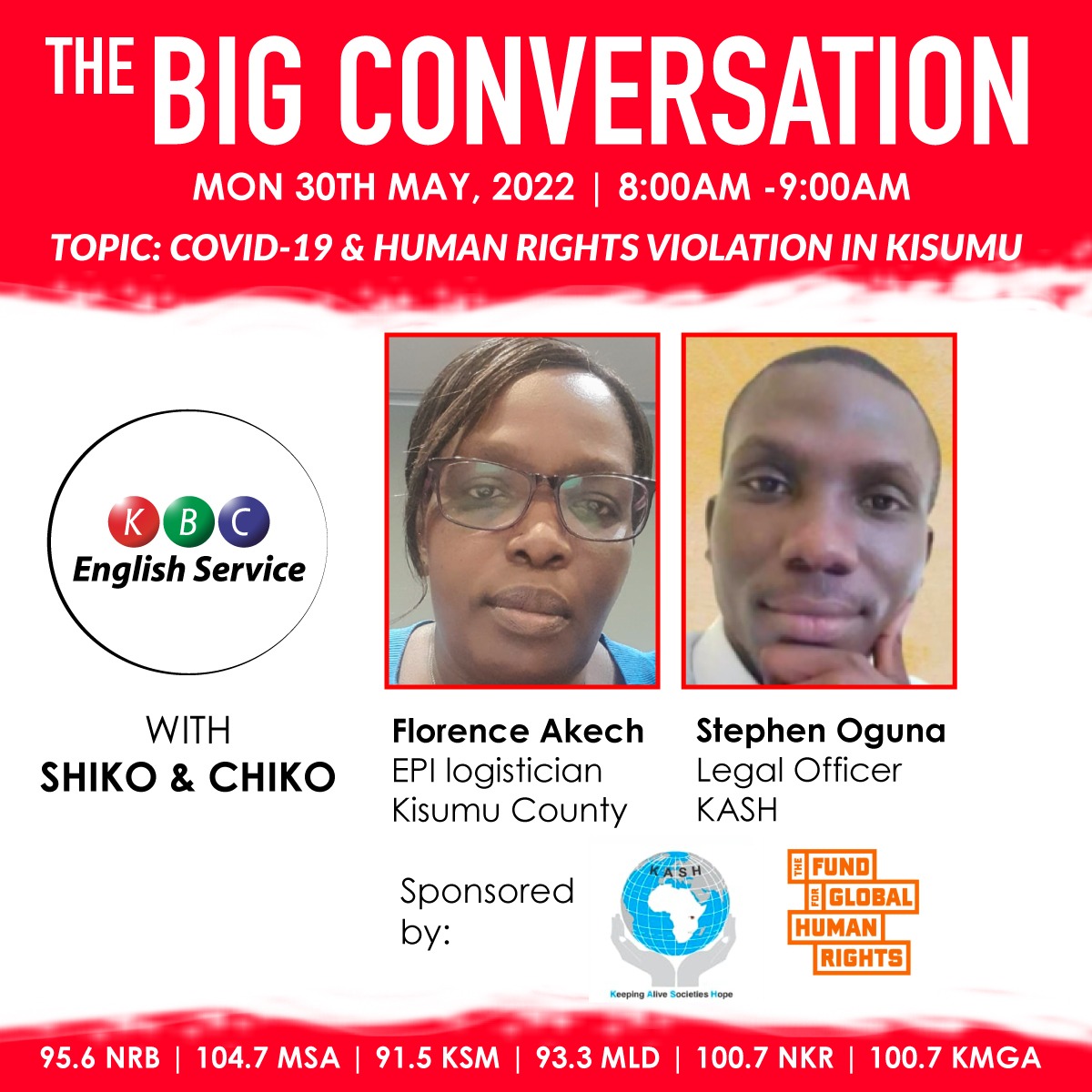 Are you in Kisumu City? Yurop if you like. The big conversation focuses on human rights violations that resulted from covid-19 restrictions and protocols.Did you suffer any injustice? Let us know.
#ShikoAndChiko
#BreakfastClubKBC
@kbcenglish