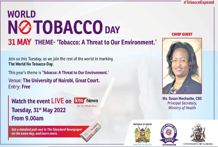 Join @tcb_kenya @MOH_Kenya as they commemorate #WNTD2022. Tobacco also kills up to half of its users annually and is currently the world’s single biggest cause of preventable death.  #Preventionworks