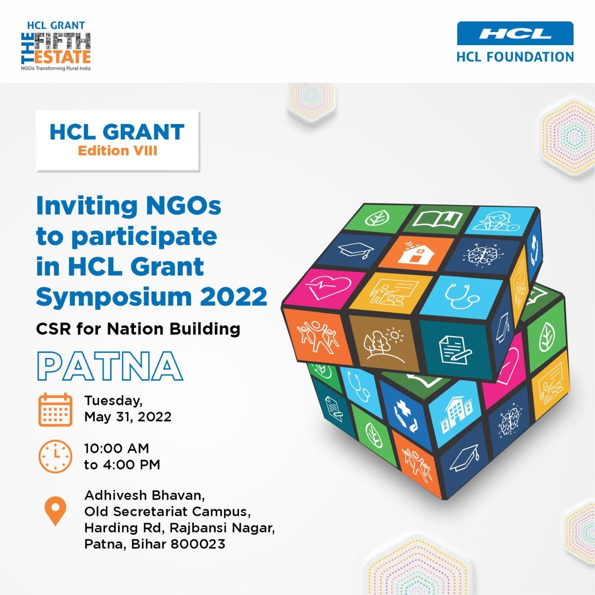 HCL_Grant's tweet photo. Registrations are now open for the HCL Grant Edition VIII Pan India Symposium series – ‘CSR for Nation Building’ happening at Patna.
To register, please click here: https://t.co/nnjPsTVxUz
#CSRForNationBuilding https://t.co/DvL3f6DJpz
