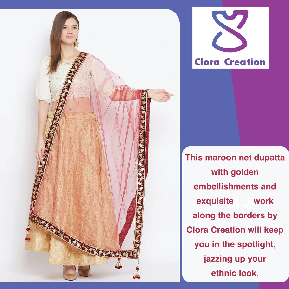 This maroon #netdupatta with golden embellishments and exquisite work along the borders by #CloraCreation will keep you in the spotlight, jazzing up your ethnic look. 

To shop online please  visit: cloracreation.com/collections/du…

#weddingdupattaborder #dupattastyle #womensfashion