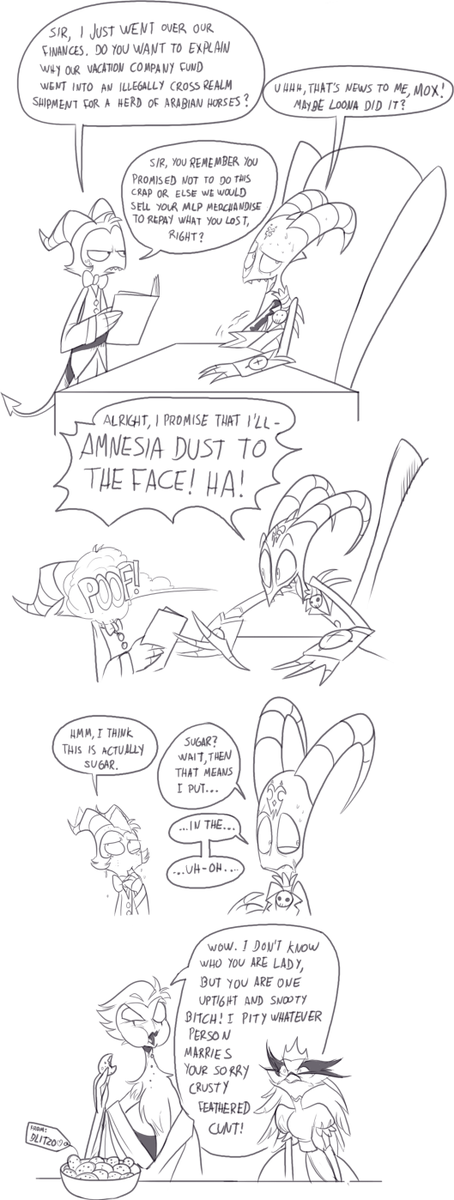 LivesTalos's tweet photo. If you get where the reference is from, don't you feel old? Written by me, Drawn by @MayorNauyaco 

#HelluvaBossBlitz #HelluvaBoss #HelluvaBossMoxxie #HelluvaBossStolas #HelluvaBossArt #HelluvaBossStella #HelluvaBossComic https://t.co/Ec4I6pku8z