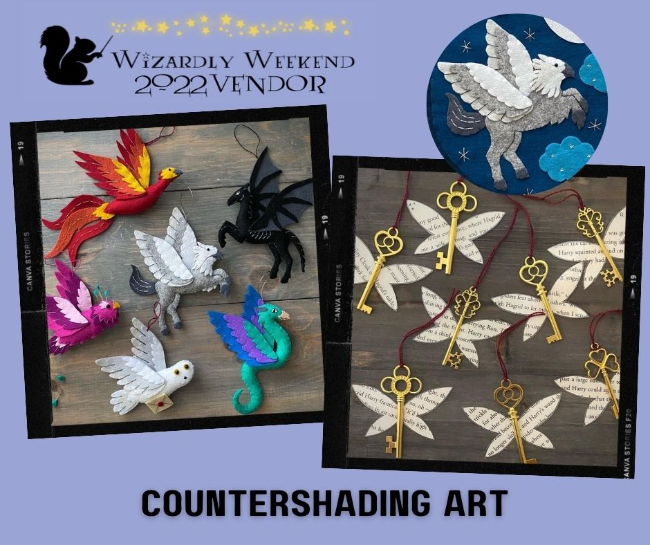 All the way from North Carolina, Countershading Art joins us in vendor village with amazingly detailed felt ornaments, magical creatures mobiles, house banners, garlands, &amp; giclee prints. See these at instagram.com/countershading… ⚡💙💛❤💚#WizardlyWeekend #feltart #ornaments #prints
