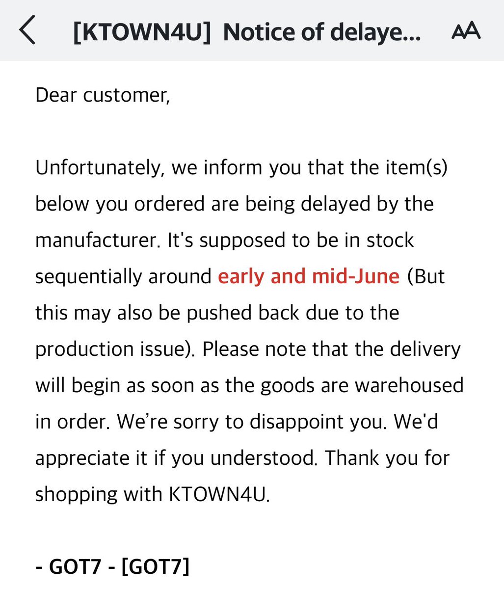 sprngdy's tweet photo. Just got this email from Ktown4u. Sorry for the delay guys 😭 #sprngdyupdates https://t.co/QNgWJafNib