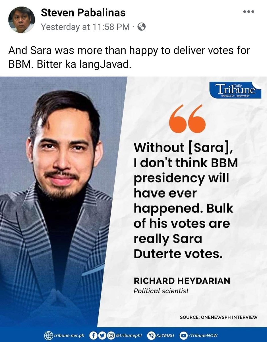 pinoyanghang's tweet photo. Unbeknownst to this anal•yst, BBM and SARA have a mutually strategic and beneficial tandem. Senator Imee called it, "A match made in heaven." It's the coming together of the "Lion of the North" and the "Eagle of the South."

Mahirap bang intindihin yun, Javad? https://t.co/lWaDhYOMdY