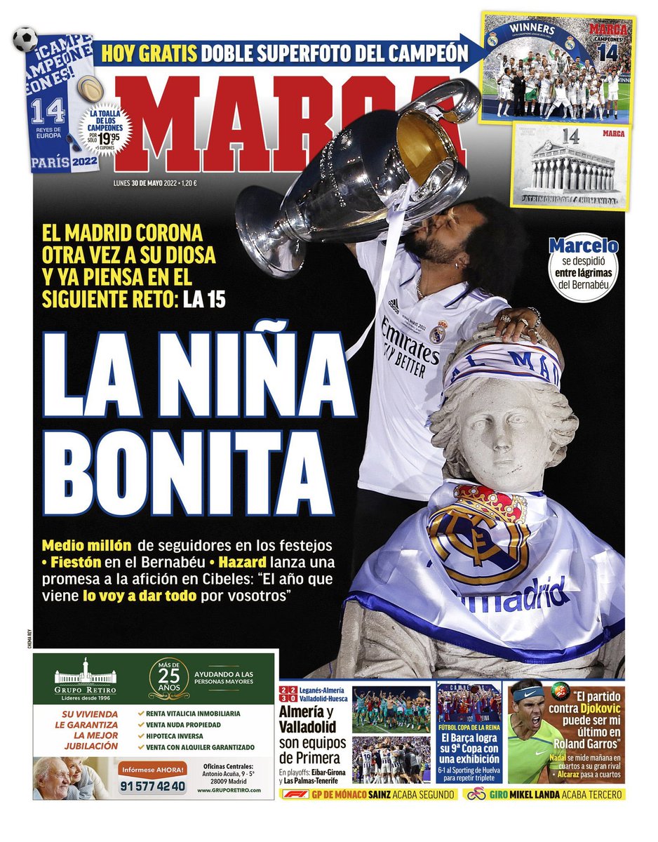 realmadridindo1's tweet photo. Cover Marca: Gadis cantik (Trophy UCL).

- Tantangan berikutnya untuk Real Madrid, "The Fifteen".

- Hazard berjanji kepada para penggemar di Cibeles: Tahun depan saya akan memberikan segalanya untuk Anda.

- Marcelo mengucapkan selamat tinggal kepada fans Bernabéu. https://t.co/DT3pdXFeHM