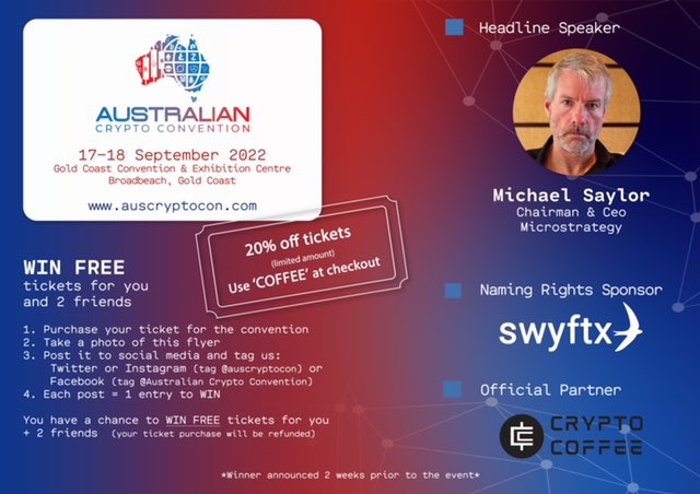 Cryptocoffeeau's tweet photo. We are Excited to announce that we have partnered up with the Australian Crypto Convention and Swyftx to give our customers a 20% DISCOUNT on the tickets if you use code “COFFEE” at the checkout. Head to  https://t.co/y1LzBF4AzJ to purchase tickets NOW 😁 https://t.co/UCcH3Dg5ZV