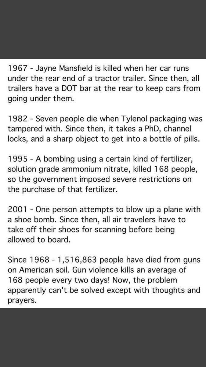 What’s the difference when it comes to guns from all these other dangers? HINT: The NRA and the fear politicians have of potentially losing their campaign funding, and potentially losing power.