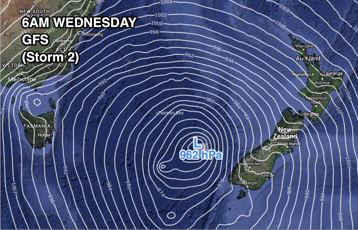 WeatherWatchNZ's tweet photo. 🌀🌀Here's the #Lowdown on the twin storms.
♊️We've decided they should be named 'May' & 'June' (especially because they peak in strength in each month!).
#Storm1 (May): Drops to an incredible 959hPa right now (3pm Monday).
#Storm2 (June): Drops to an estimated 962 Wednesday. https://t.co/GUqAJqfwRM