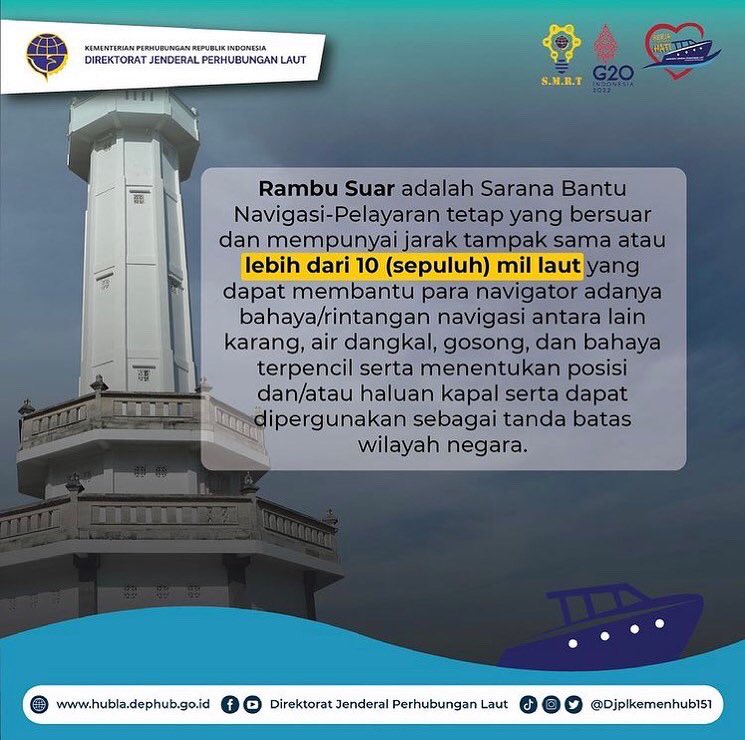 Halo, #KawanLaut! menara suar dan rambu suar itu merupakan sarana bantu navigasi pelayaran (SBNP).

Nah, tapi kegunaannya berbeda loh! Apa aja sih fungsinya? Yuk,langsung baca postingan di atas🤩

Next, kita bahas apalagi yaa?☺️

#DJPLKerjaDenganHati #SMRTHublaPastinya #LewatLaut