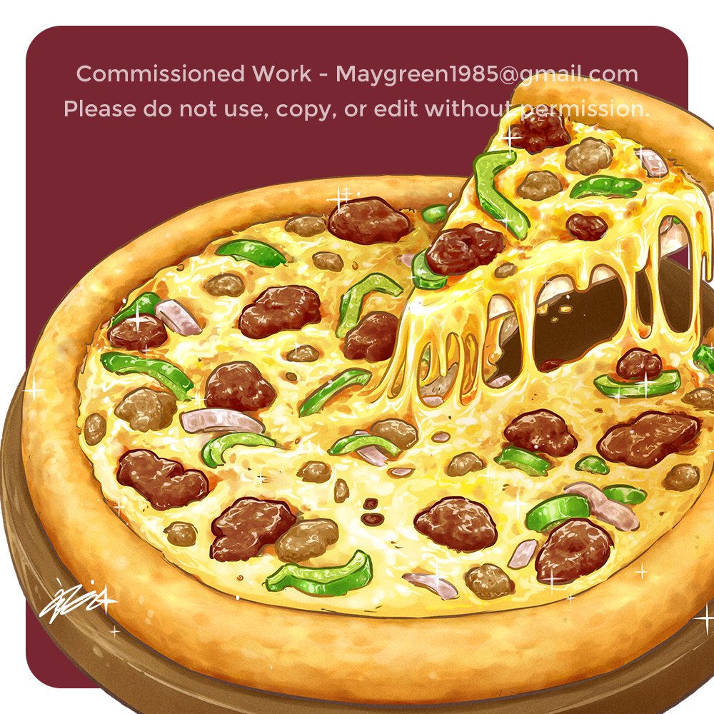 The pizza is ready! Meat chunks, green pepper, onion toppings on alfredo sauce Pizza. Of course the cheese is always the most irresistible part and need to be done right. 😋🍕❤️

#foodillustration #commissionedwork #commissionedillustration #pizza #cheese