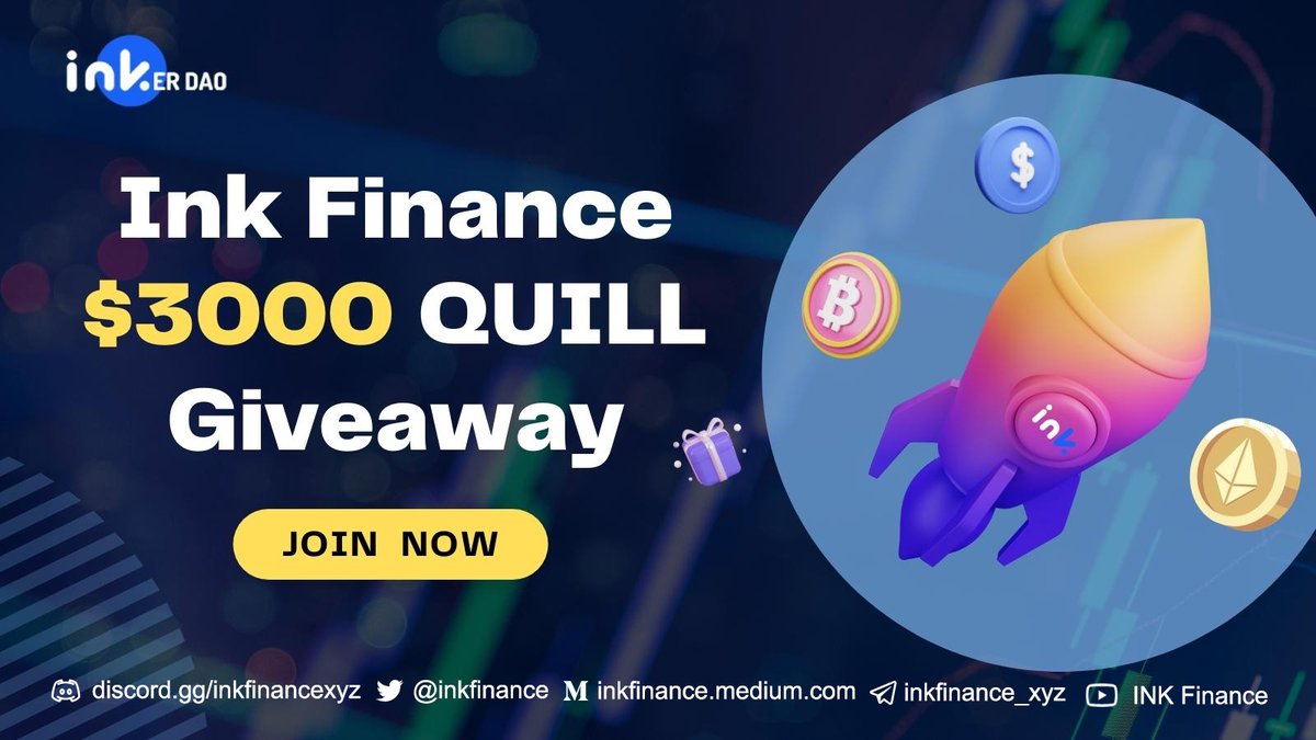 InkerDAO's tweet image. 🤩Exciting! Ink Finnance first giveaway event！

🎁💵$ 3000 QUILL to 200 winners！🥇

Participate in and become an earlier contributor for Ink Finance to win QUILL and whitelist🚀🎉#INK #DAO  #web3 

Join now: gleam.io/competitions/5…