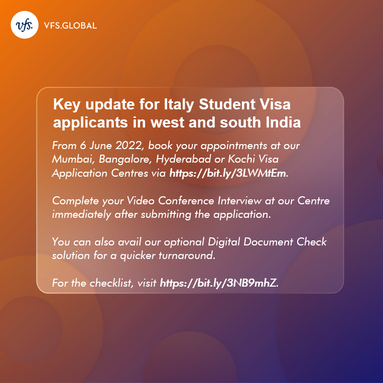 VFSGlobal's tweet photo. We have an important announcement regarding change in the Italy Student Visa application process for applicants in west and south India.

To book an appointment, visit https://t.co/ZwEZeAWpSF.

For more information, visit https://t.co/B7T4S2w17l. https://t.co/5cl0Kotpzf