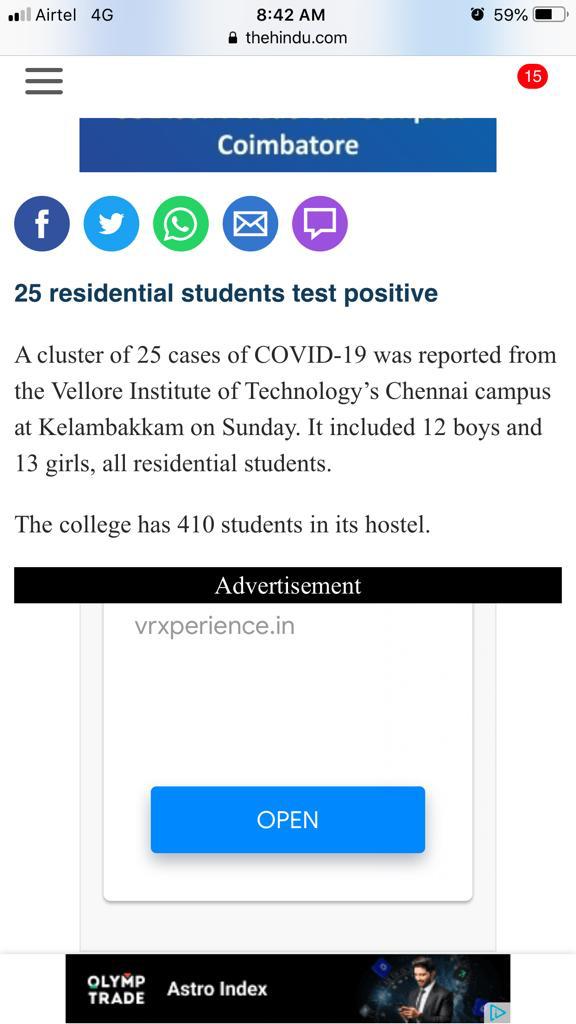of_vit's tweet photo. @CMOTamilnadu @Subramanian_ma @mkstalin @TamilTheHindu @the_hindu @PMOIndia #COVID19 
The following news is incorrect. There are approximately 6.5k students in VIT Chennai's Hostel out of which more than 400 are tested COVID positive. Kindly update/correct the following. https://t.co/XyE47ZLfX3