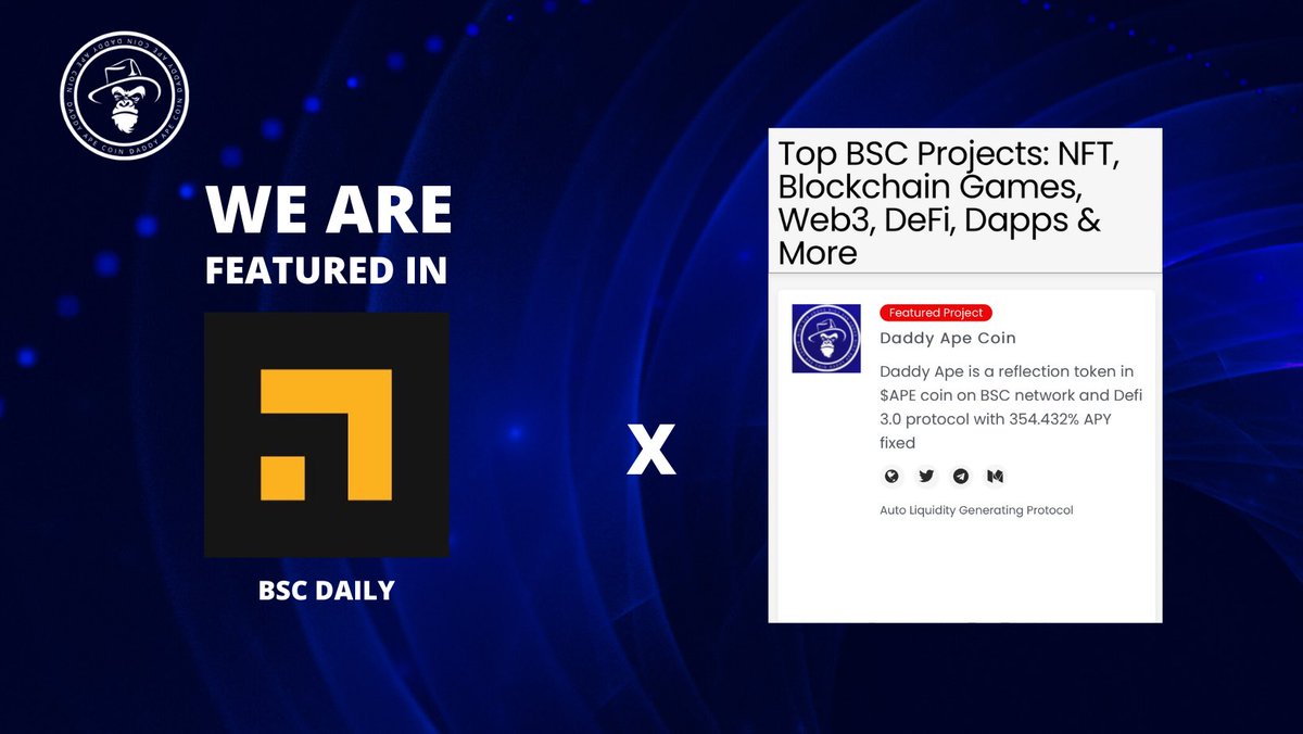 daddyapecoin's tweet photo. We are featured in the most relevant crypto portals.

This is the beginning my children.
get ready to fly high. 🐵🚀🔥

Fair launch link: https://t.co/YESg7pYd5Z

#bscdaily #watcherguru #btc #bnb #BoredApeYC #BAYC #DAPE https://t.co/NZY8mzHP7x