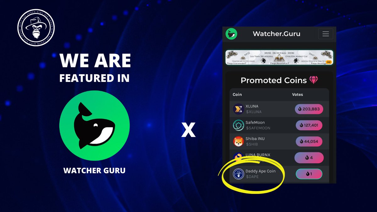 daddyapecoin's tweet photo. We are featured in the most relevant crypto portals.

This is the beginning my children.
get ready to fly high. 🐵🚀🔥

Fair launch link: https://t.co/YESg7pYd5Z

#bscdaily #watcherguru #btc #bnb #BoredApeYC #BAYC #DAPE https://t.co/NZY8mzHP7x