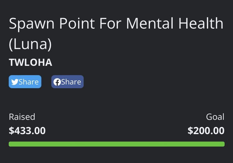 oyasumilunachan's tweet image. Today we had our last charity stream to support @TWLOHA. In total, our community raised $433 towards this incredible movement, as a part of @SpawnPointTV’s campaign. We doubled our goal which is amazing! Thank you so so much to everyone who donated, your support means the world.