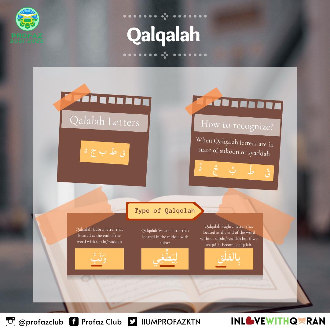 IIUMPROFAZKTN's tweet photo. ✨ بسم الله الرحمن الرحيم ✨

[TAJWID: Qalqalah]

Learning tajwid is fardhu ‘ain for all the Muslims. Improving Al-Quran recitation will benefit us both in dunya and akhirah. Thus, let’s learn tajwid which is Qalqalah.

🌈Stay updated with us:
https://t.co/aiGer5qfOQ https://t.co/KkeZl4l5p2