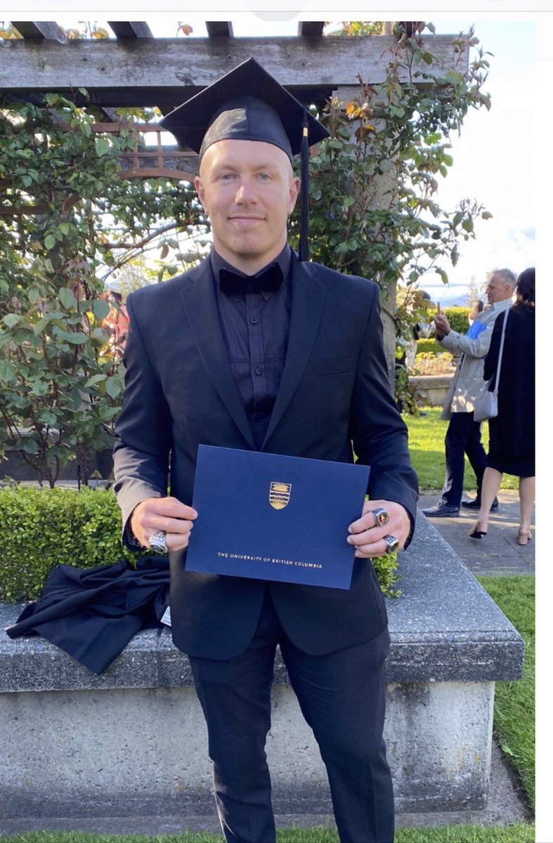 CoachNill's tweet photo. #GraduationNation .. look at this one!! #JrPunk Dylan Chapdelaine gets it done! “Big Play” LB walks the stage last week to collect his @UBC_Arts (sociology) degree .. Island native was a member of the @ubctbirds 2015 National Champions .. Well Done # 30 .. huge congratulations ! https://t.co/yIqgeKLEjD