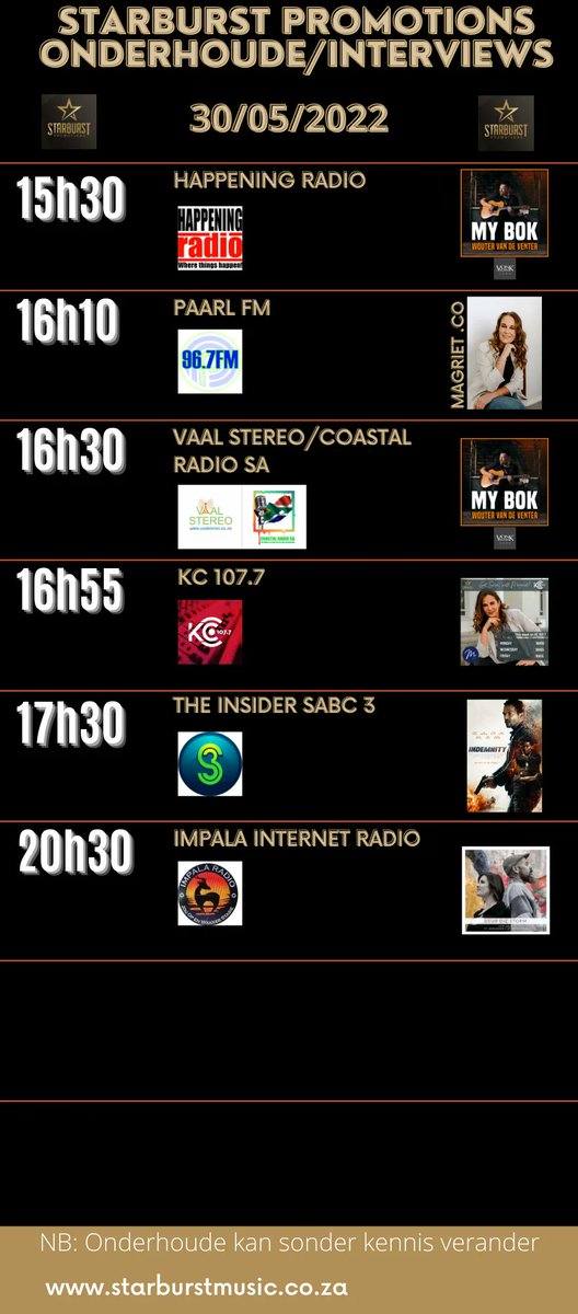 Kry jou week aan die gang met hierdie lekker onderhoude!
Kick start your week with these fine interviews!
<a href="/woutervdventer/">Wouter van de Venter</a> <a href="/LennieMuller/">Len Muller</a> <a href="/EricKruger/">Erik Kruger</a> <a href="/IndemnityFilmSA/">Indemnity SA</a> <a href="/EsteGross/">Esté Gross</a> 
@TeamFinityZA <a href="/VonkMusiek/">Vonk Musiek</a> <a href="/TMPublishers/">Tracey McDonald Publishers</a>
