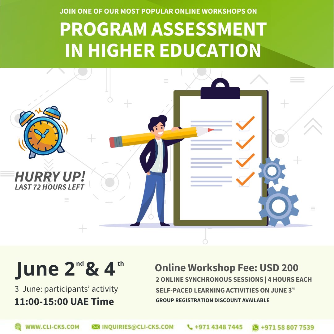 CLI_CKS's tweet image. 72 HOURS LEFT TO REGISTER TO OUR LAST PROGRAM IN THIS ACADEMIC YEAR!
Find out more and register today at cli-cks.com/program-assess… 
#programassessment #ONLINETEACHING #onlinecourses #onlinelearning #highereducation #higherinstitutions