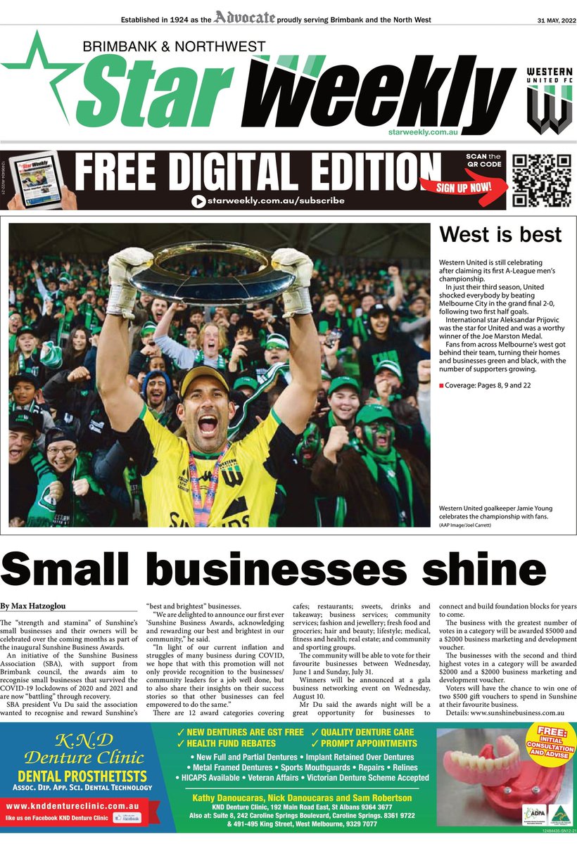 _lauramichell_'s tweet image. We've turned our mastheads green and black this week in honour of the new A-League champions @wufcofficial.
Pick up a copy of tomorrow's papers to read our coverage of United's win and see the passionate fans who believed the team had what it takes to become champions.