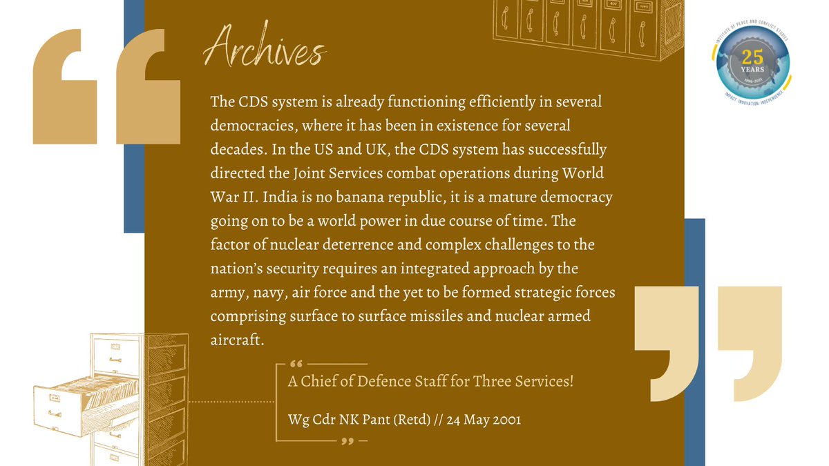 IPCSNewDelhi's tweet photo. #IPCSArchives | In 2001, Wg Cdr NK Pant (Retd) wrote on the importance of a Chief of Defence Staff for the #IndianArmedForces and how the post should be filled.
Read: https://t.co/W7ycxMbFJS
#CDS https://t.co/1U47WIWbmO
