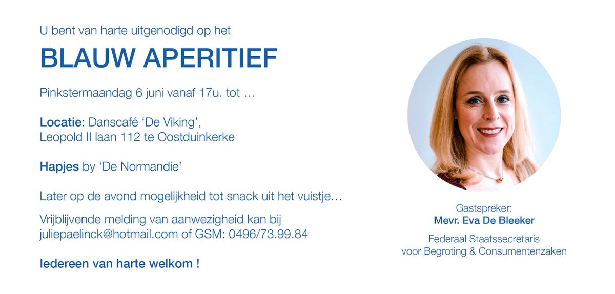 BartBostoen's tweet photo. Volgende week op Pinkstermaandag (6 juni), allen welkom op het 'Blauw Aperitief' met Staatssecretaris @EvaDeBleeker in het legendarisch danscafé #deviking te #Oostduinkerke! 🎉
Iedereen van harte welkom!💙
@OpenVLDKoksijde @JongVLDKoksijde https://t.co/wWuZEuzTVQ