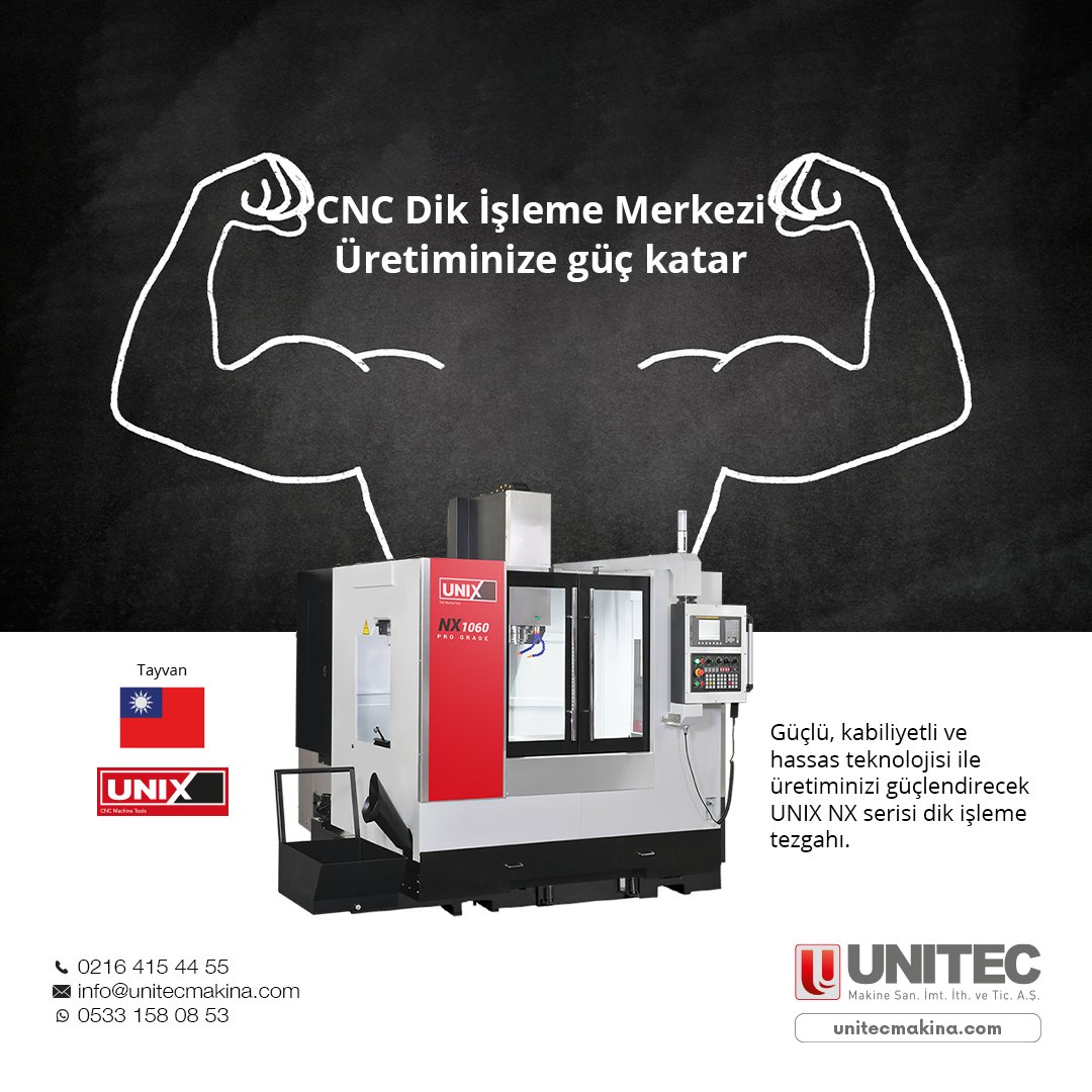 CNC Dik İşleme Merkezi
Üretiminize güç katar

Güçlü, kabiliyetli ve hassas teknolojisi ile üretiminizi güçlendirecek UNIX NX serisi dik işleme tezgahı.

0216 415 44 55
info@unitecmakina.com
WhatsApp: 0533 158 08 53

#metalişleme #unitecmakina #metalworking #cnctezgah #cnctorna