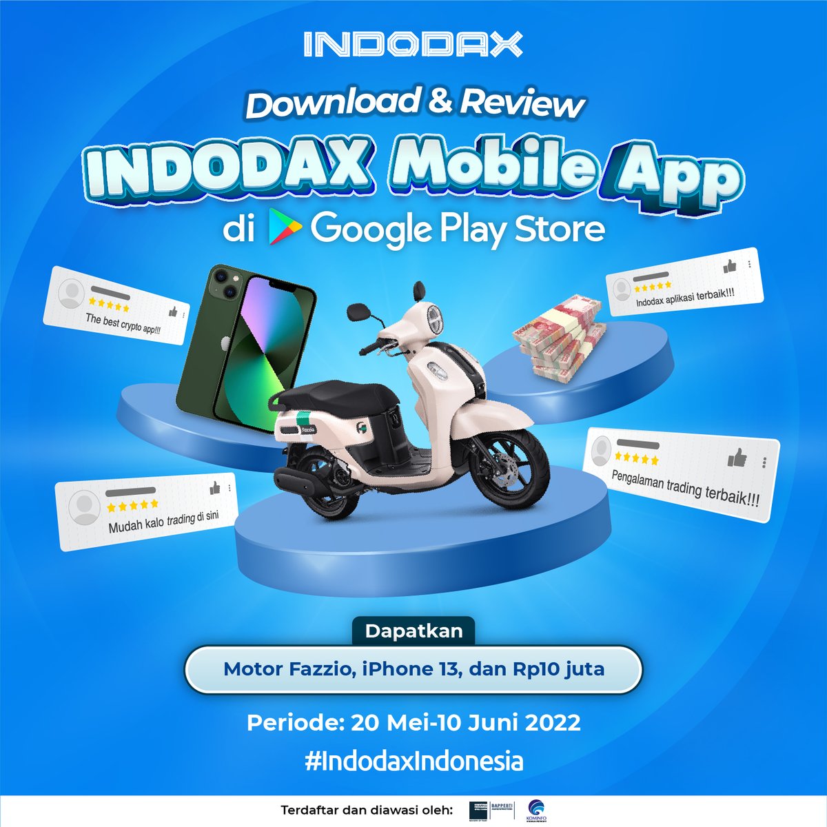 indodax's tweet photo. Mau dapat Motor Yamaha Fazzio, iPhone 13 &amp; uang tunai Rp10?
1. Download aplikasi Indodax mobile app di Google Play
2. Review dengan  username indodax &amp; hashtag #IndodaxIndonesia
3. Periode 20 Mei - 10 Juni 2022
4. Pemenang akan dipilih secara acak
5. Pajak ditanggung oleh Indodax https://t.co/4MEdpQnayw