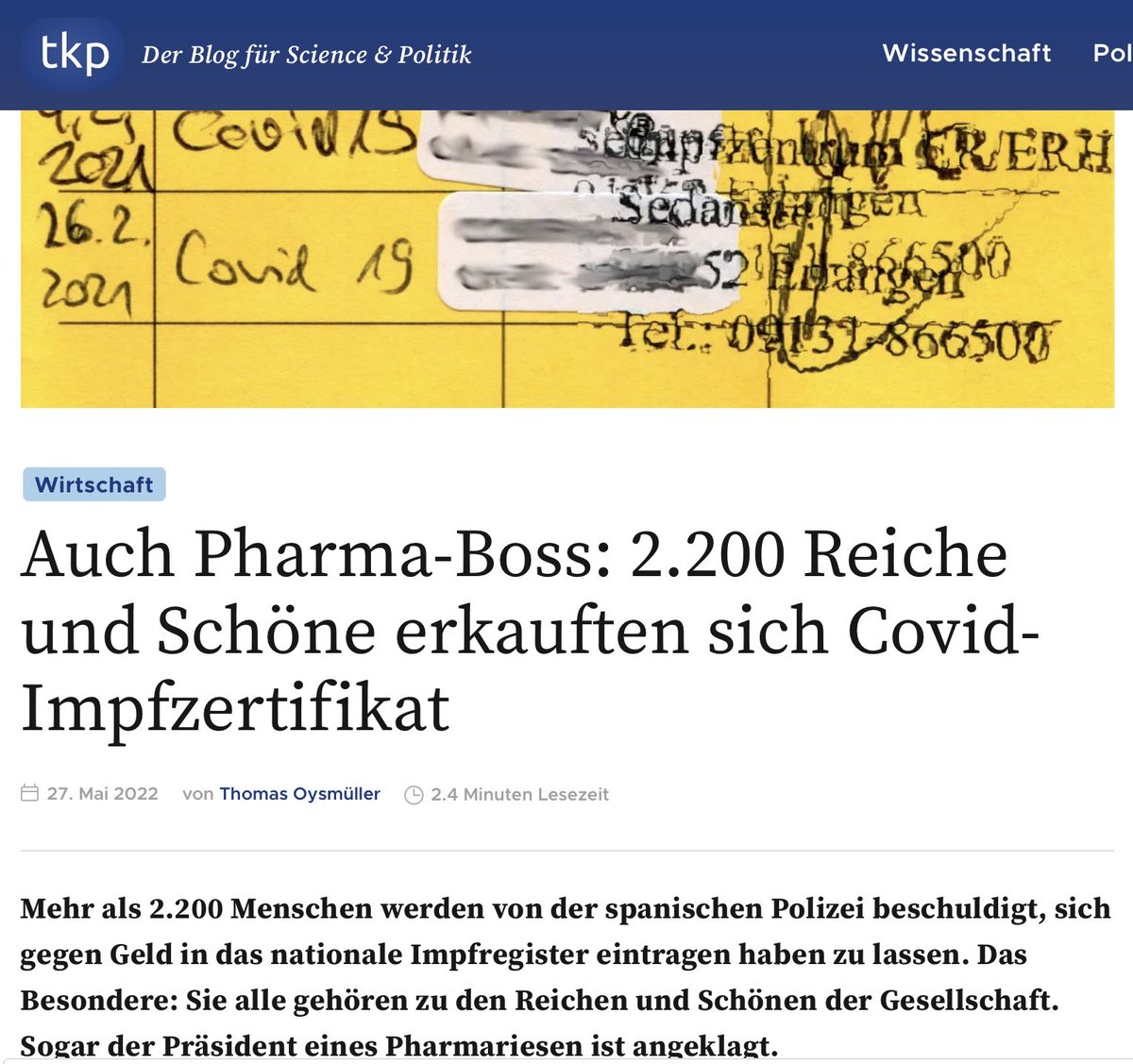 “Mehrere Tausend Dollar hat Sousa bezahlt, um nicht der Diskriminierung ausgesetzt zu sein, aber dennoch keine mRNA-Impfung injiziert zu bekommen.
„El Mundo“ berichtet, dass die Polizei ein Netzwerk von „Eliten“ aufdeckte, ….”
tkp.at/2022/05/27/auc…
