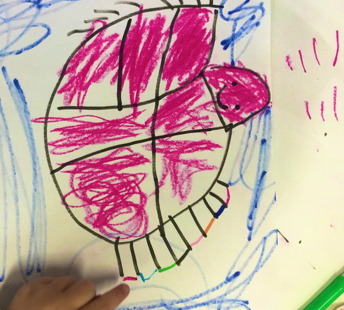 Joolone's tweet photo. #eyfs child makes 2 drawings ~ She sticks them together

‘The Pink Turtle’s thinking 3 and 4 is seven’

‘The turtle’s thinking!’ I reply

Child ‘It was me, I gave him the drawing and

I’ve joined his legs with colours so he knows 4 &amp; 4 is 8’

Me ‘So he knows!’

‘Numbers’

#maths https://t.co/c4dO57mWB2