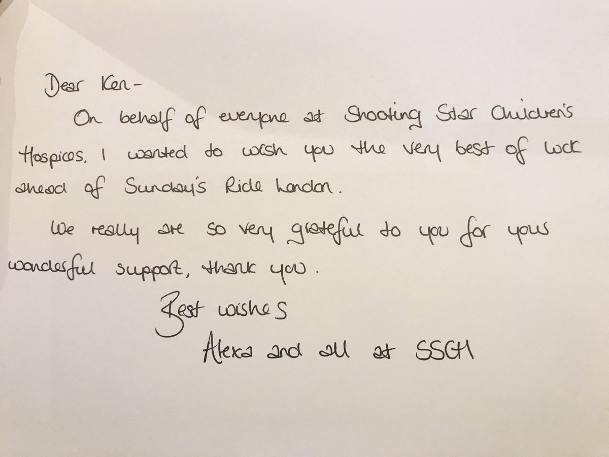 This time tomorrow I will be competing in the Ride London Essex 100 event.
I was really touched to receive a hand written ‘Good luck’ card through the post from <a href="/SSChospices/">Shooting Star Children's Hospices</a>!
Anything you can spare would be great

ridelondon.enthuse.com/pf/ken-prince
#charity #RideLondon2022 #TeamShootingStar
